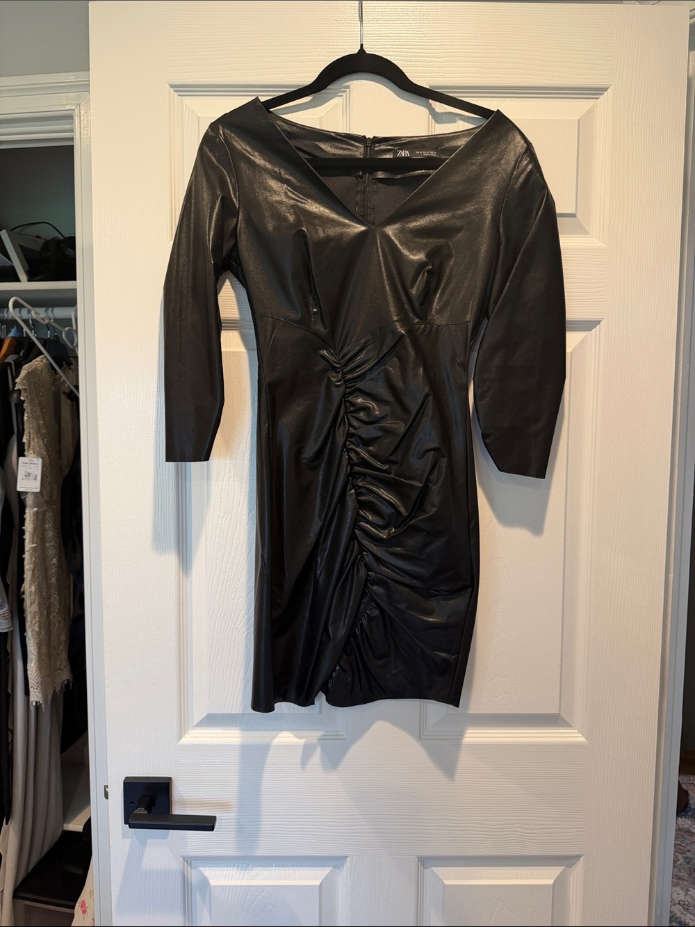 Zara Black Faux Leather Ruched V-Neck Mini Dress